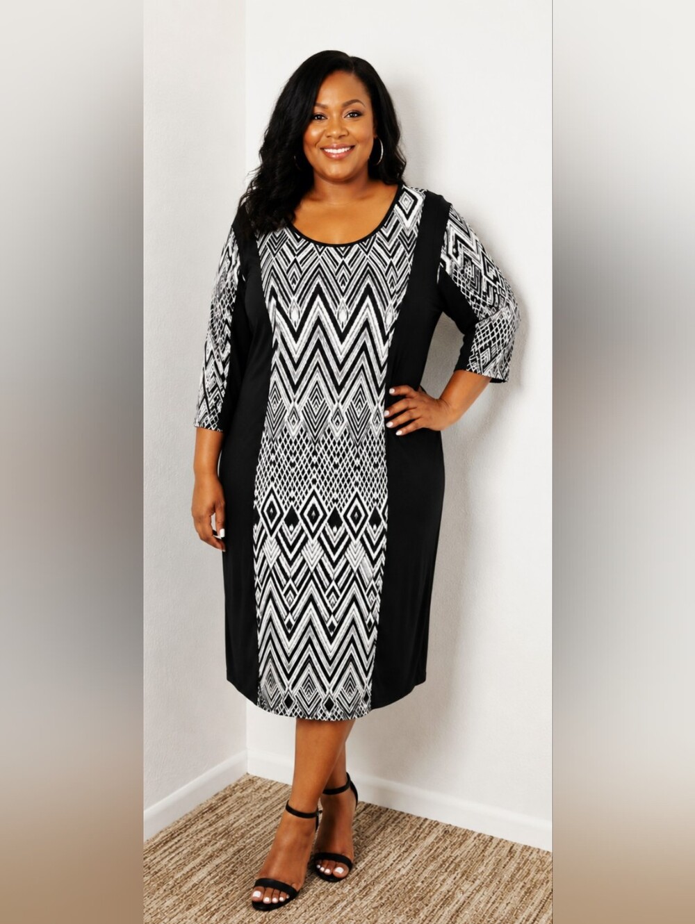 Mlle Gabrielle Black & White Geometric Midi Dress, Size 2X, NWT